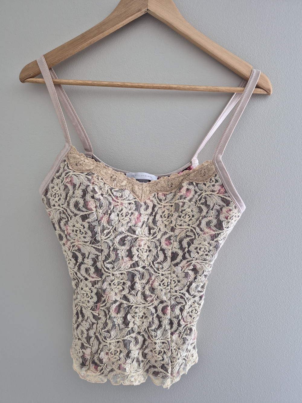 Papillon Blanc Lace Camisole Cami Tank w/ Built In Bra Floral Leopard Lining M